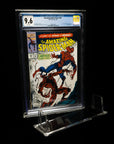Comic book 'The Amazing Spider-Man' in a clear holder with a CGC label on a black background