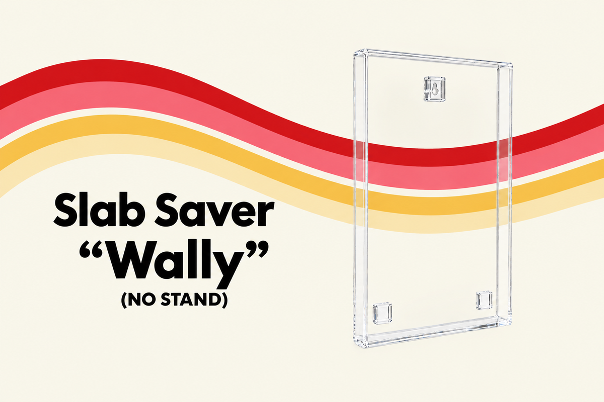 Clear acrylic stand labeled 'Slab Saver "Wally" (NO STAND)' on a cream background with red and yellow wavy stripes.